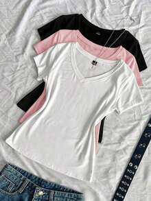 3 piezas Camisetas ajustadas de cuello en V de verano para mujer, camisetas básicas de manga corta de ajuste ceñido de unicolor con estampado de anime de la subcultura punk - Multicolor - Ver 9