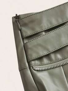 ICON Falda midi plisada de cintura elástica con abertura, de color liso, de uso casual para mujer - Verde militar - Ver 4