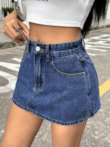 Falda mini de mezclilla lavada casual para mujer, verano - Azul lavado medio - Ver 5