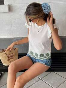 Blusa de verano casual de vacaciones con bordado floral y volantes en las mangas - Verde - Ver 5