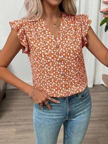 Clasi Blusa de mujer de verano con cuello en V y mangas cortas con estampado floral - Naranja - Ver 2