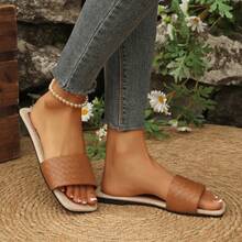 1 Pair Vacation Style Color Block Slip-On Sandals, Women's Flat Square Toe Beach Slippers, Linen Pattern Flip Flops, Versatile Summer Outdoor Wear - Brown - View 6