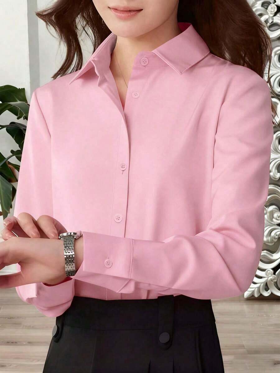 Camisa de mujer casual de manga larga a rayas con un solo abotonado - Rosa Pálido - Ver 1