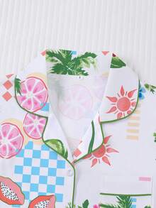 2pcs/Set Women's Pajama Set, Grid Floral & Coconut Tree Print, Women's Loungewear, Spring/Summer Holiday Outfit, Short Sleeve Lapel Top And Shorts, Can Be Worn Out - Multicolor - View 7