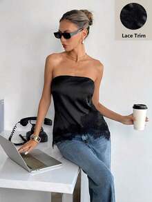 Top bandeau con encaje satinado mate - Negro - Ver 5