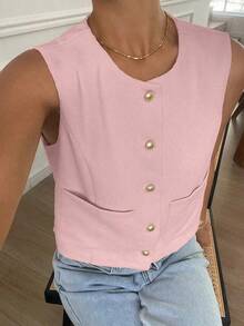Chaqueta ajustada sin mangas de cuello redondo de unicolor para mujer, primavera y verano - Rosa 2 - Ver 6