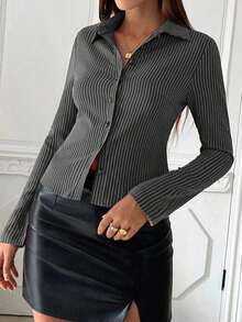 Camisa elegante de manga larga con rayas azules y blancas de corte slim para uso diario, estilo francés para mujeres - Gris Oscuro - Ver 4