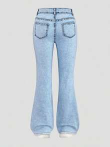 Explorewe Jeans de mezclilla estilo Y2K versátiles lavados y desgastados con pierna acampanada y elásticos para niñas adolescentes - Lavado ligero 2 - Ver 10