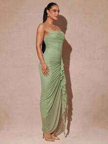 xheSilquee Elegante vestido verde salvia con mangas abullonadas románticas y abertura alta, vestido de fiesta ajustado con encaje para el Día de San Valentín, citas, invitados de boda, baile de graduaciónxhe - Verde - Ver 5