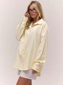 Camisa larga de rayas de pata de gallo de color amarillo mantequilla, solo parte superior, estilo elegante y casual para mujer, ideal para primavera, verano, vacaciones u oficina - Amarillo - Ver 2