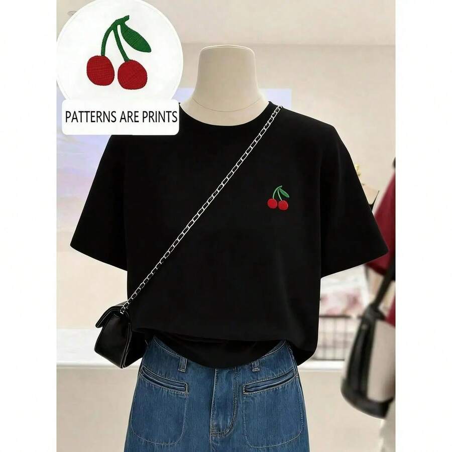PLAYERA DE DAMA OVERSIZE CON ESTAMPADO DE CERECITAS MINI IDEAL PARA GYM O CASUAL - Negro - Ver 1