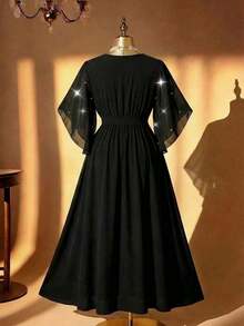 Vestido maxi elegante de fiesta con abertura, cuello en V ajustado, mangas acampanadas y cintura fruncida, talla grande para mujer - Negro - Ver 2