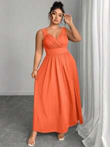 Elenzya Vestido línea A con cuello en V, contraste de encaje, tirantes finos y abertura para tallas grandes - Naranja - Ver 5