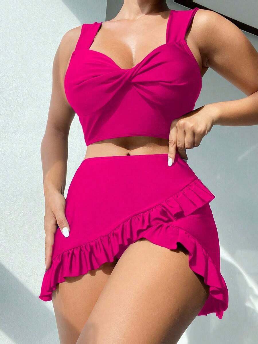 Swim Conjunto de bikini de 2 piezas con diseño trenzado de unicolor para mujer de verano, con cubrepantalón y minifalda - Rosa Fucsia - Ver 1