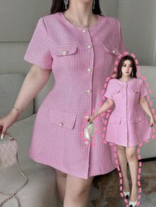 Vibekara Vestido de verano elegante de talla grande con cuello redondo, manga corta y botones delanteros - Rosa - Ver 9
