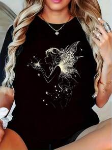 1 pieza de camiseta Ewh para mujer con diseño de cuento de hadas Y2K - top negro holgado de cuello redondo, con diseño de apliques de estrellas y mariposas, top casual con temática de fantasía, adecuado para todas las estaciones, cómodo, envío directo desde almacén local, extra largo y talla grande, TALLA GRANDE 180g 100% Algodón. - Negro - Ver 1