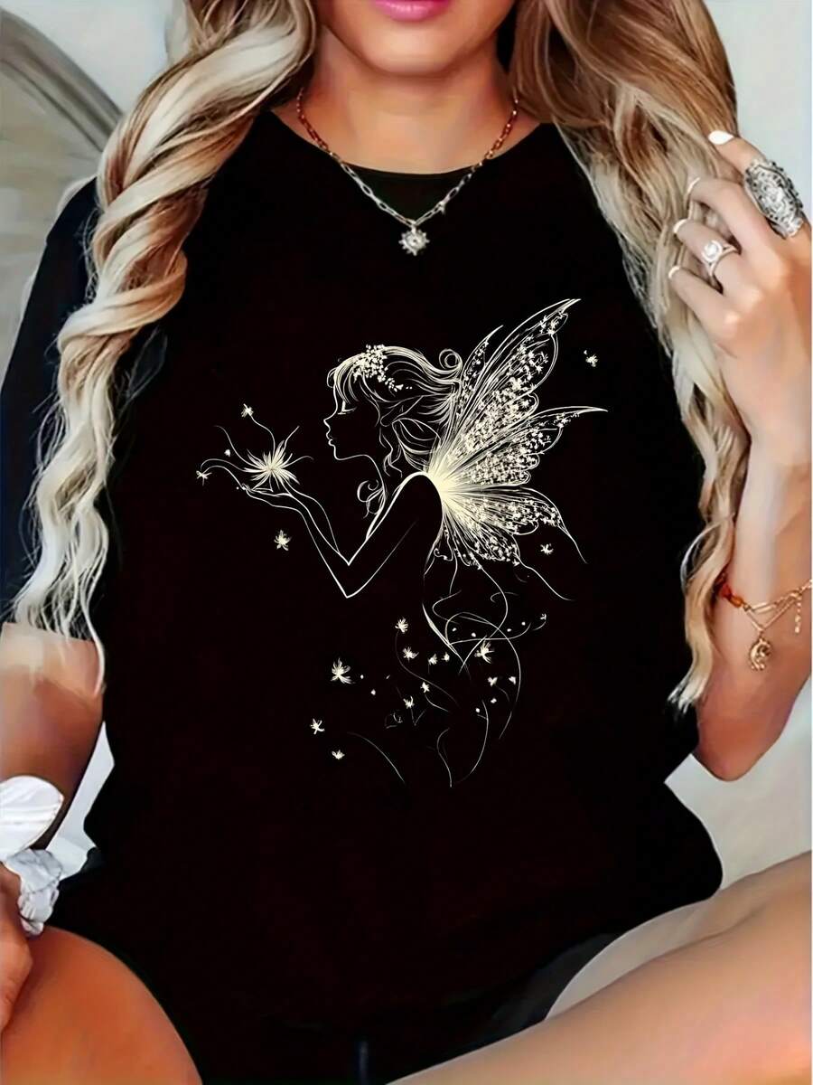 1 pieza de camiseta Ewh para mujer con diseño de cuento de hadas Y2K - top negro holgado de cuello redondo, con diseño de apliques de estrellas y mariposas, top casual con temática de fantasía, adecuado para todas las estaciones, cómodo, envío directo desde almacén local, extra largo y talla grande, TALLA GRANDE 180g 100% Algodón. - Negro - Ver 1