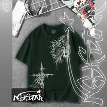 Premium 100% Cotton T-Shirt ASHSTAR "GOTHIC CROSS SKULL" - 墨綠色 - 查看 1