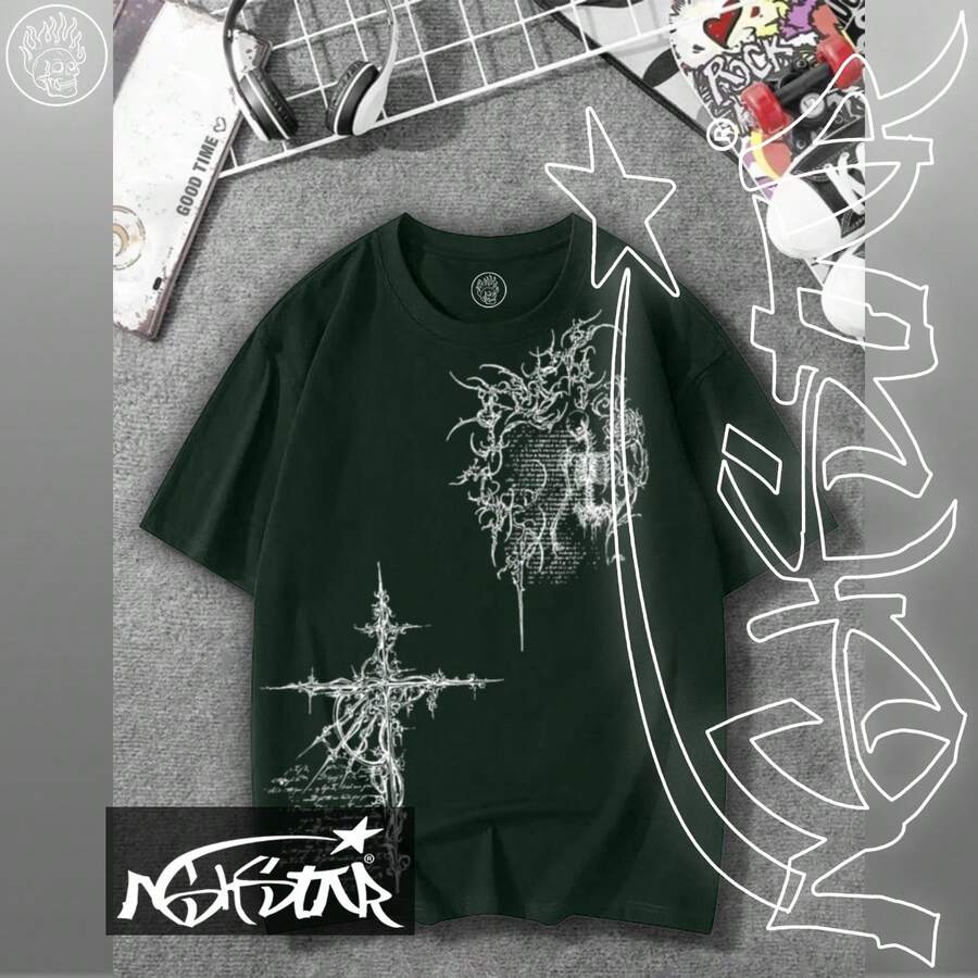 Premium 100% Cotton T-Shirt ASHSTAR "GOTHIC CROSS SKULL" - 墨綠色 - 查看 1