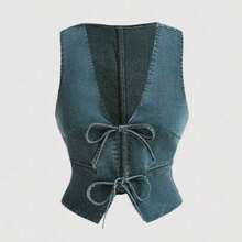 MOD Women's 70s Casual Slim Fit Denim Vest With Tie Front, Vintage - Azul lavado oscuro - Ver 1