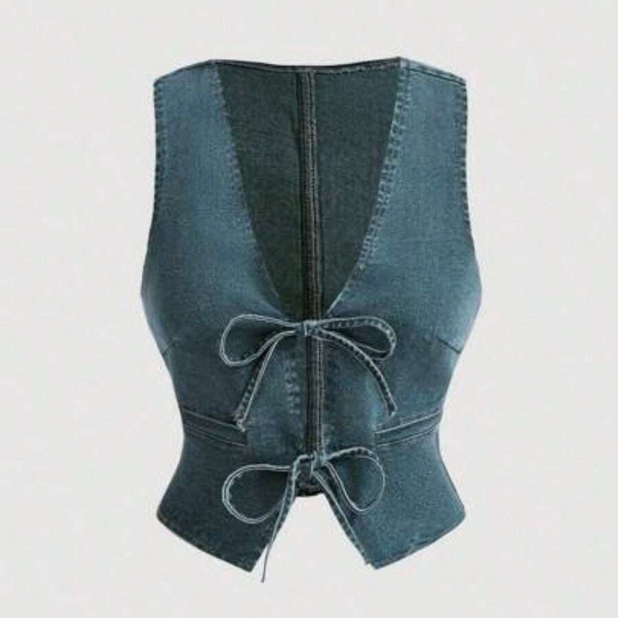 MOD Women's 70s Casual Slim Fit Denim Vest With Tie Front, Vintage - Azul lavado oscuro - Ver 1