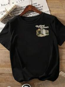 Camiseta de manga corta con estampado gráfico para mujer - Top casual negro de cuello redondo con diseño de bandas frontales y traseras, elasticidad media, lavable a máquina para primavera, verano y otoño, estilo rock clásico, tela duradera, Y2k Camiseta Camisa De - Negro - Ver 3