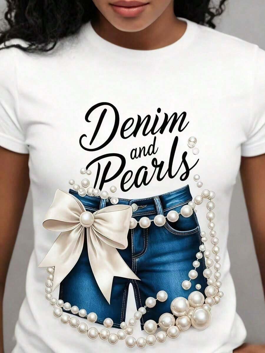 Camiseta Casual de Talla Grande para Mujer, de Mezclilla y Perlas, con Lazo Tipo Fleco - Blusa Blanca de Manga Corta Estilo Vaquera del Oeste, Transpirable, de Cuello Redondo, Casual de Verano, Lavable a Máquina, Camiseta con Detalles Inspirados en Jeans, Camiseta Estampada por Transferencia de Calor de 180g, 100% Algodón, Duradera - Blanco - Ver 1