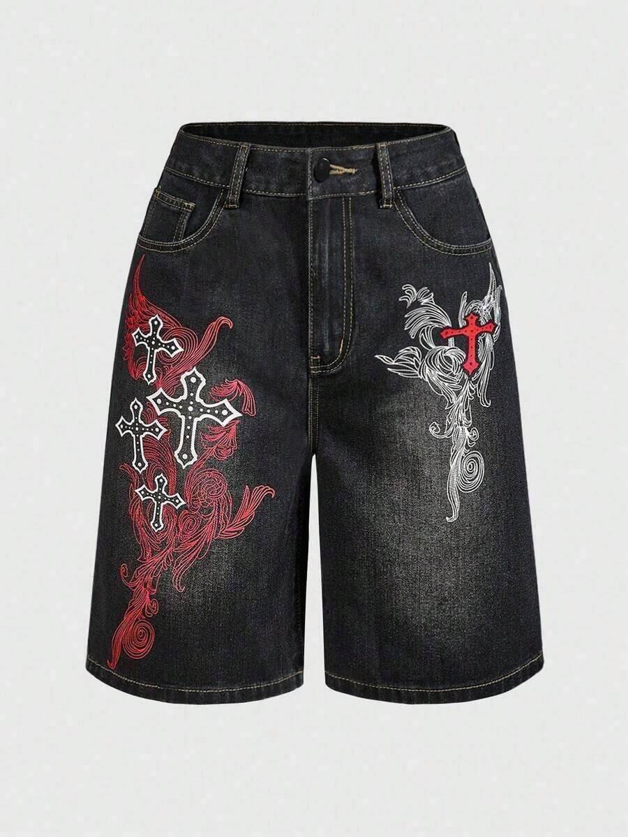 Grunge Punk Shorts vaqueros de mujer con estampado sencillo - Negro - Ver 1