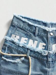 ROMWE MEN Street Life Pantalones cortos de mezclilla con doble cintura y bordado para hombres - Celeste 5 - Ver 3