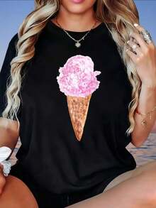 Camiseta Vintage con Estampado de Cono de Helado Rosa para Mujer, Estilo Casual de Verano, Corte Holgado, Moda Urbana, Estampados Divertidos, Adecuada para el Día de San Valentín, el Hogar, Caminatas, Deportes, Fiestas, Regalos Navideños, Camiseta de Mujer, 220gFashionropa de calor mujer - Negro - Ver 7