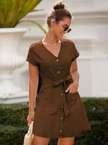 Vestido sencillo y diario para mujer con cinturón y unicolor para el verano - Caqui - Ver 4