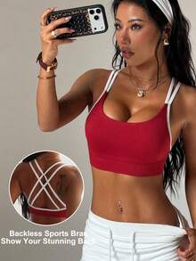 Women's Yoga Sports Bra Sleeveless Cropped Activewear Top, Elastic Fitness Workout Top, Breathable - Red - View 1