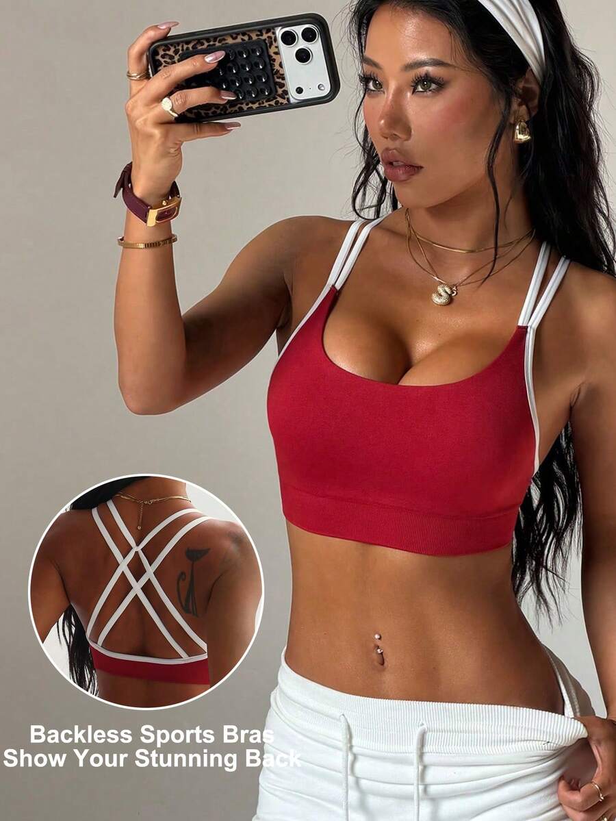 Women's Yoga Sports Bra Sleeveless Cropped Activewear Top, Elastic Fitness Workout Top, Breathable - Red - View 1