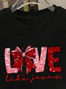 Vintage Loose Fit T-Shirt For New Year 2026 - Sparkling Pink Lettering, Happy New Year! Printed With Heart Shapes And Bows, Casual Short Sleeve Crew Neck Party Top, A Dazzling 2026 Celebration Top Suitable For All Seasons. Fashion 100% Cotton - 3 - 查看 3