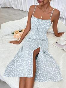 Vestido largo con estampado floral diminuto y abertura lateral para mujer - Celeste - Ver 6