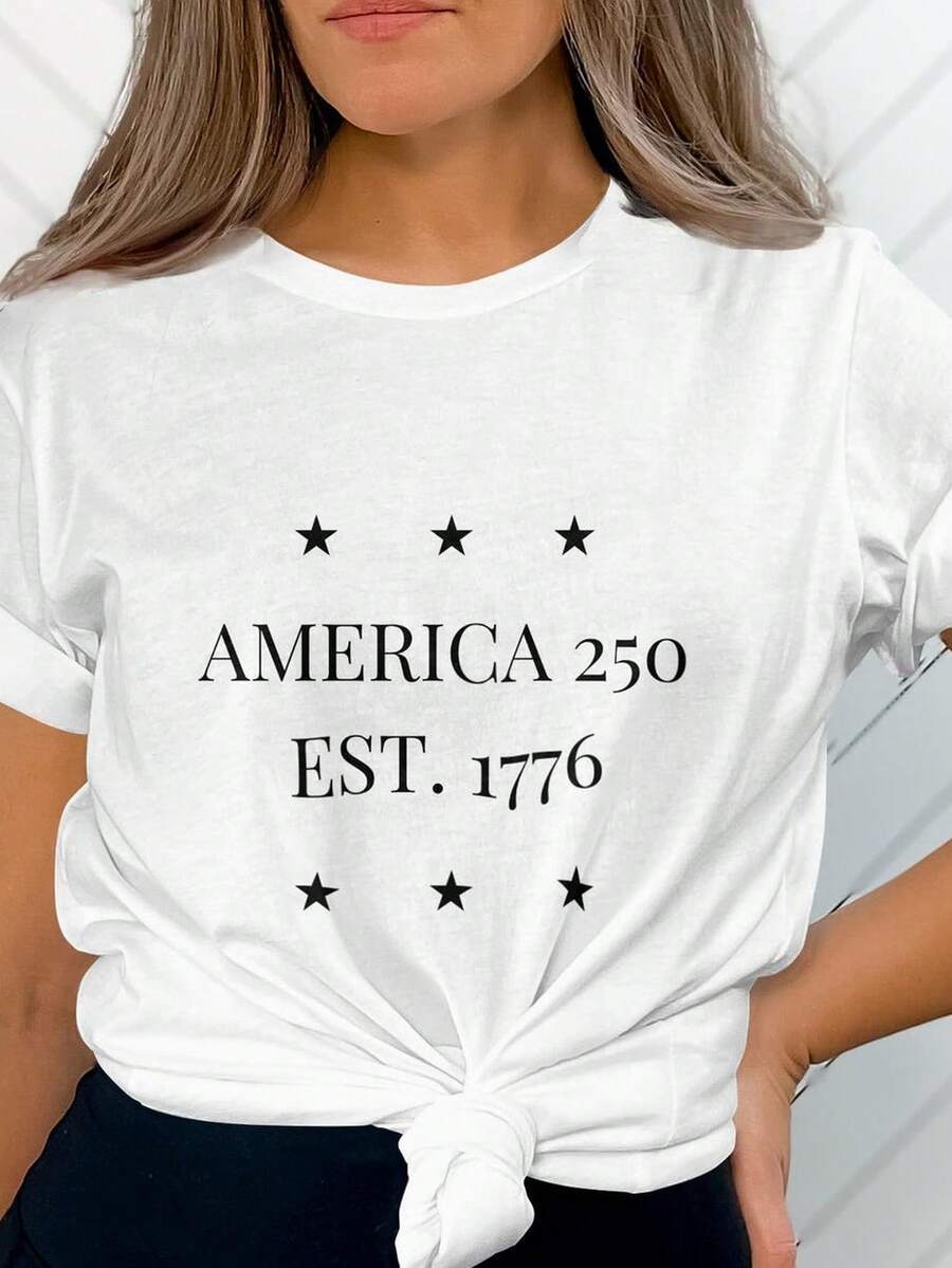 AM1erica 250 Est. 1776 Camiseta gráfica, estrellas patrióticas. Camiseta unisex de algodón puro de 220 g. Peso ideal para todas las estaciones, apta para hombres y mujeres. Tejido duradero de alta calidad, suave al tacto y de larga duración. Camiseta transpirable. Adecuada para mujer en primavera y verano, vacaciones, Día de la Madre, Día de la Independencia. - Blanco - Ver 1