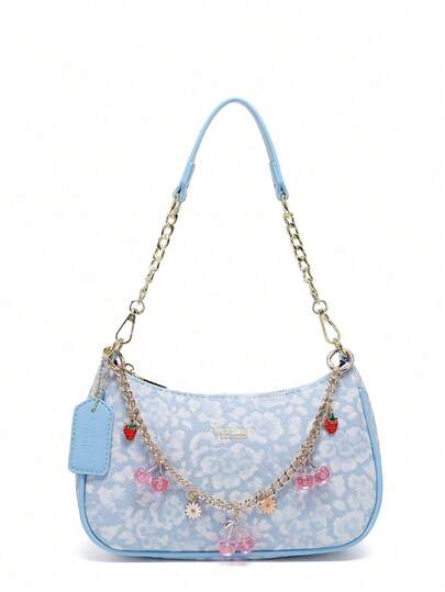 Bolso de hombro con cadena azul claro, bolso de mano de moda para mujer con dibujos y accesorios colgantes, bolso ligero para uso diario, decoración de colgantes multicolor, bolso de mano de diseño exclusivo, bolso debajo del brazo Y2K con correa de hombro larga reemplazable