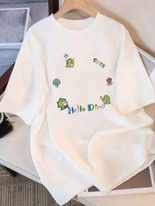 Camiseta de Mujer, Nuevo Estilo de Verano, Holgada, Casual, de Manga Corta, Blanca con Estampado, Versátil - Blanco - Ver 1