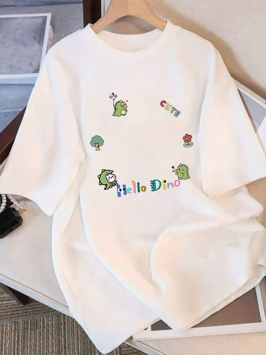 Camiseta de Mujer, Nuevo Estilo de Verano, Holgada, Casual, de Manga Corta, Blanca con Estampado, Versátil - Blanco - Ver 1