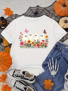 Halloween Costume For Men. Plus Size T-Shirt For Women With Cute Floral Print - Short Sleeve Top With Round Neck And Design Of Smiling Ghosts, Hearts And Bats, Loose Fit, Casual And For Halloween Parties (Sizes S-3XL) - Machine Washable, All Year Round Comfort, Cute And Spooky Casual Outfit, Stylish With Floral Print And Motifs, Versatile For Holidays And Everyday Outfits, Relaxed Fit For All Seasons, Perfect For Layering. - 黑色 - 查看 10