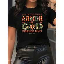 Women's Camouflage Print Short Sleeve T-Shirt - Casual Sporty Style, Soft And Breathable, Made Of 95% And 5% At 180G, Bold, Urban Style, Comfortable And Versatile Summer Wear. - 黑色 - 查看 7