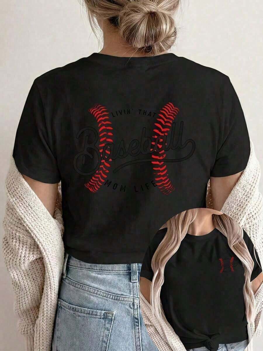 Gift Women's 100% Cotton T-Shirt [Double-Sided Print], Short Sleeve, Crew Neck, Casual Style, With Baseball Stitching And The Text "LIVIN' THAT MOM LIFE", Machine Washable, Suitable For Casual Wear, Multipurpose Clothing, Fashionable T-Shirt, Comfortable Material, For Style Enthusiasts. Soft - 黑色 - 查看 1