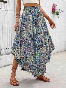 Falda de línea A con nudo en la cintura y estampado total, falda de playa de vacaciones con estampado aleatorio para otoño - Azul 3 - Ver 5