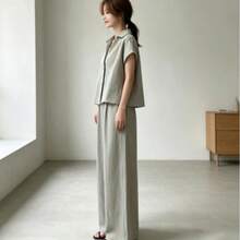 Women's Pantsuit Set: Blouse (Short Sleeve), Straight Pants, Wide Pants, Long Pants, T-Shirt, 2-Piece Set, Casual Wear, Plain, Simple, Cute, Summer - 灰色 - 查看 3