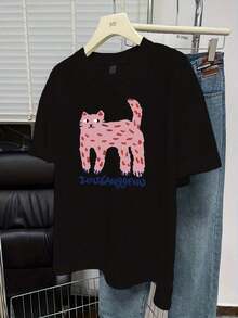 Women's Y2K K-Drama Oversized T-Shirt With Adorable Kitten Print - Short Sleeve Round Neck Summer Blouse, Korean Style, Casual Loose Fit For Casual Wear, New Arrival 2026 - 黑色 - 查看 6