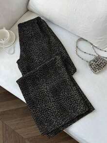 Pantalones anchos de pierna negros con diseño de estampado de leopardo retro elegante, pantalones rectos con cintura elástica con cordón, uso casual, vuelta al colegio - Negro 2 - Ver 2