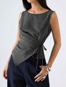 Camiseta de mujer de unicolor con dobladillo asimétrico, cintura con lazo y cuello redondo - Gris 2 - Ver 5