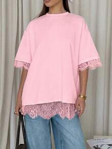 Women's Casual Loose Lace Patchwork Open Back Round Neck Short Sleeve T-Shirt, Solid Color Knit Fabric Lace Patchwork Open Slit Retro Wear Pink Summer - Pink - View 5