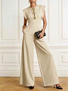 Casual Elegant Minimalist Solid Color Woven Fabric Front Button Zipper Pocket Jumpsuit, Suitable For Office Wear Spring/Summer - Apricot - View 5