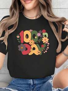 Camiseta impresa de 100 días de escuela, cómoda y casual de cuello redondo, manga corta, ideal para primavera y verano, ropa para mujeres. - Negro - Ver 1